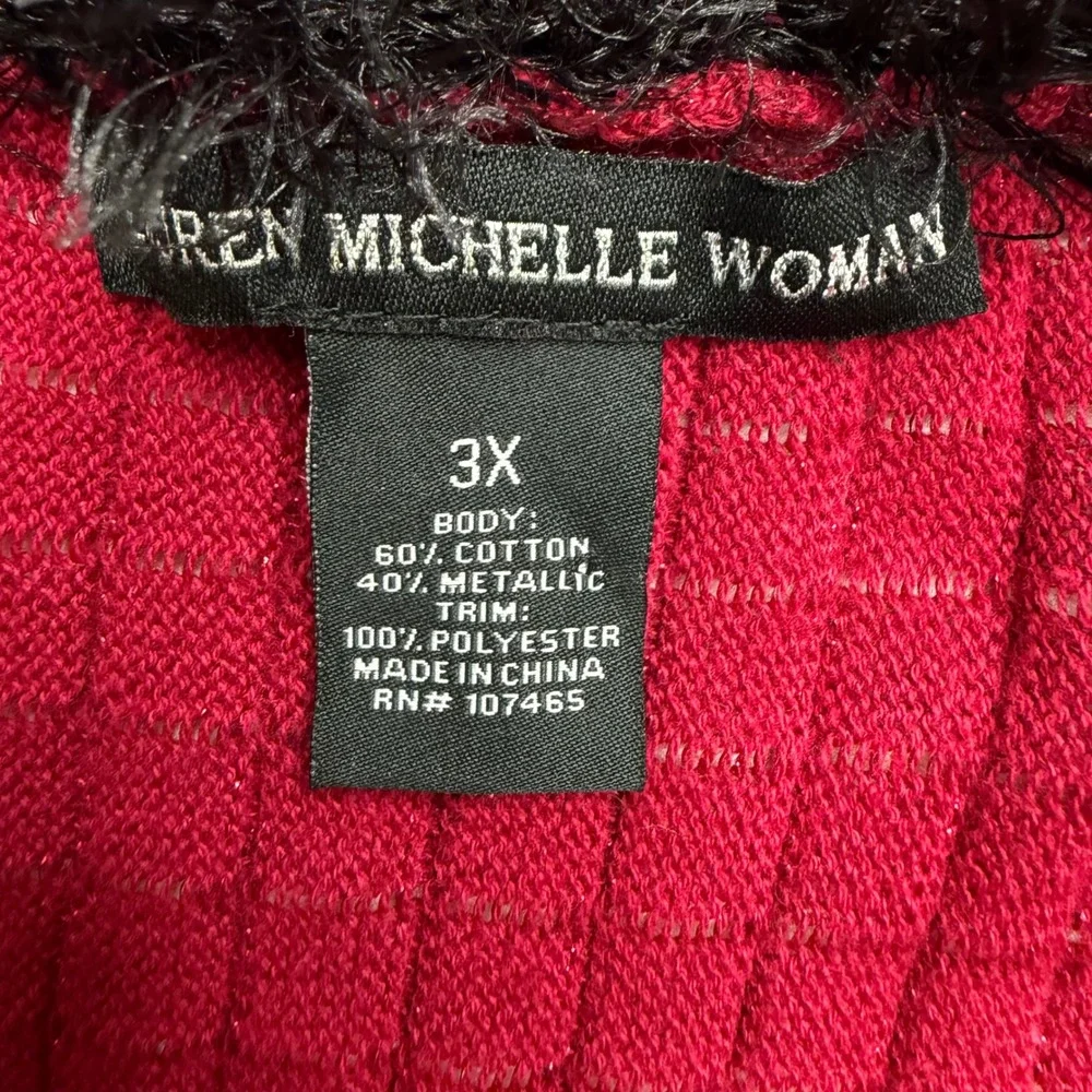 Lauren Michelle Cardigan Womens 3X Red Metallic Faux Fur Trim Glam Holiday Boho